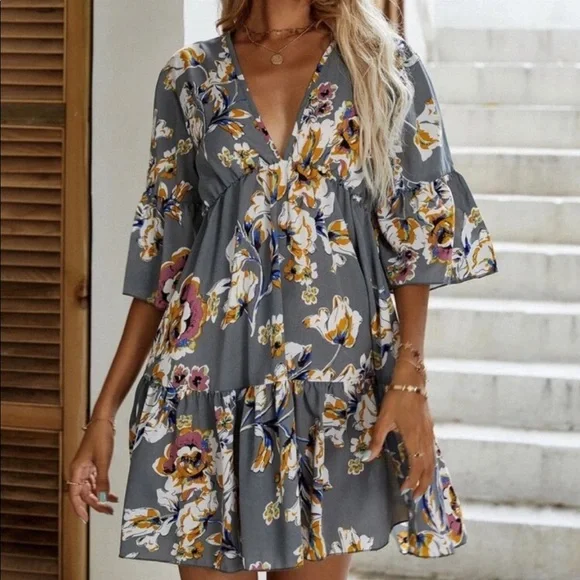 Boho Plus Size Floral Print Ruffle Hem Mini Dress - Picture 13 of 13